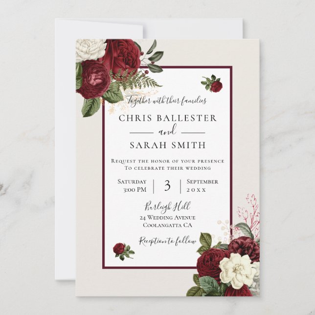 Invitation Belle Elégante Bourgogne Rouge Romantique Mariage  (Devant)