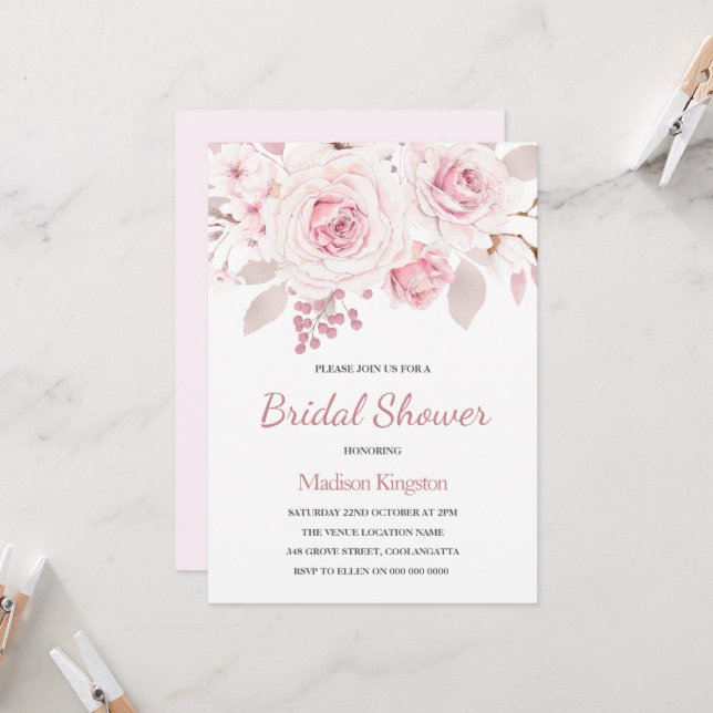 Invitation Belle Élégante Fête des mariées Rose Blush (Devant/Arrière en situation)