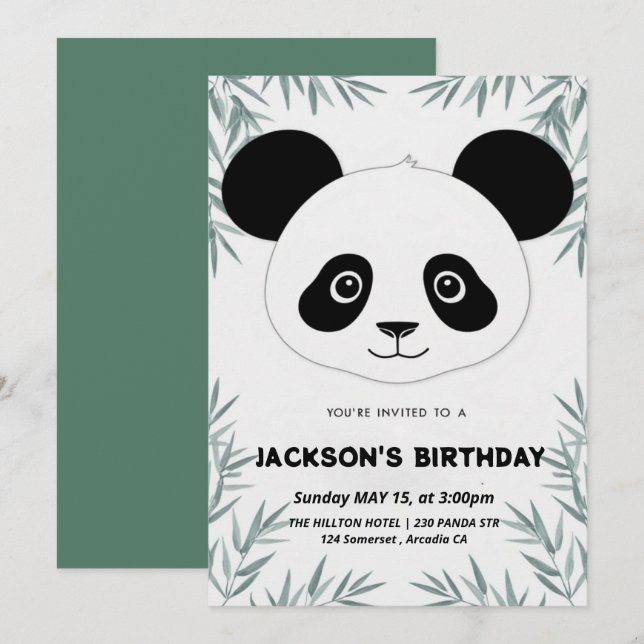 Invitation Belle et ludique anniversaire à thème panda (Devant / Derrière)