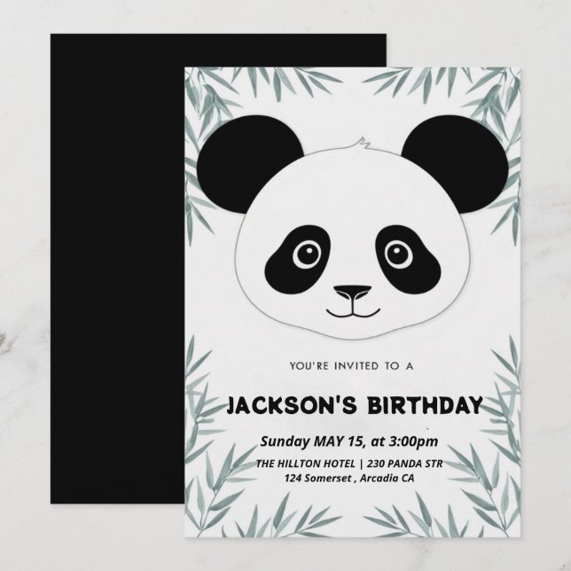 Invitation Belle et ludique anniversaire à thème panda (Devant / Derrière)