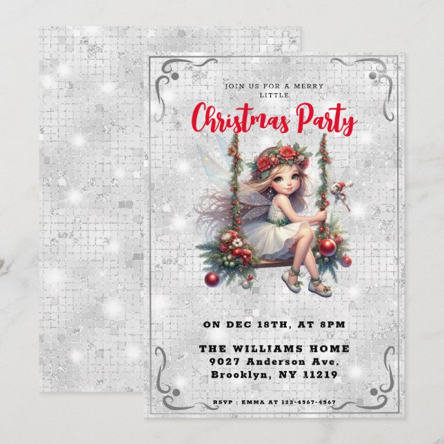 Invitation Belle Fairy Silver White Parties scintillant Noël (Devant / Derrière)