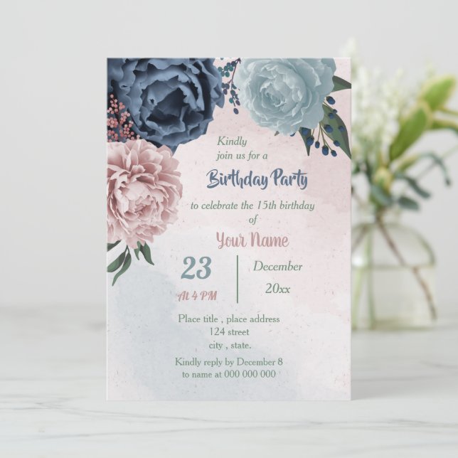 Invitation belle fête d'anniversaire rose bleu floral vert (Debout devant)