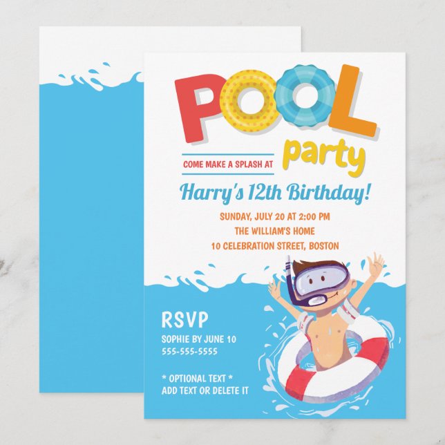 Invitation Belle fête de la piscine d'été garçon Anniversaire (Devant / Derrière)