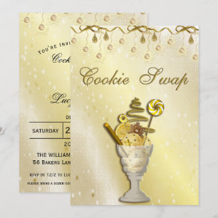 Invitation Belle fête de Noël pour échange de biscuits en or