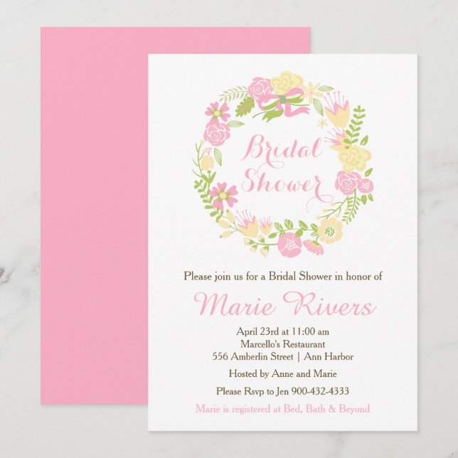 Invitation Belle Fête des mariées de couronne rose fleurie (Devant / Derrière)