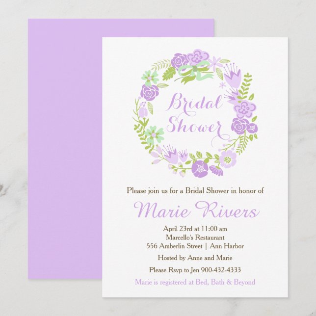 Invitation Belle Fête des mariées de couronnes florales viole (Devant / Derrière)