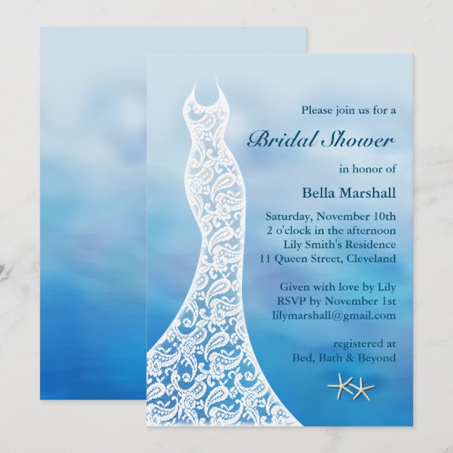 Invitation Belle Fête des mariées de plage Aquarelle - bleu (Devant / Derrière)
