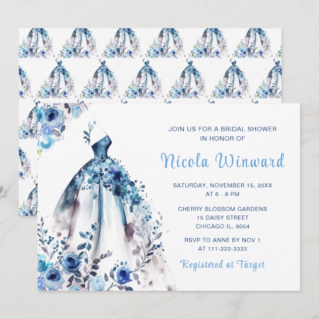 Invitation Belle Fête des mariées de Robe Florale Bleue (Devant / Derrière)