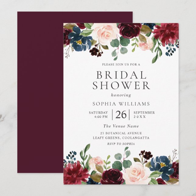 Invitation Belle Fête des mariées florale Burgundy Blush (Devant / Derrière)