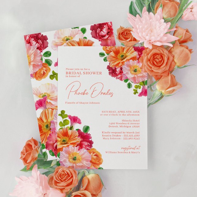 Invitation Belle Fête des mariées florale orange et rose vif (Créateur téléchargé)