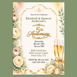 Invitation Belle Fête du 5e Anniversaire Champagne Pivoine