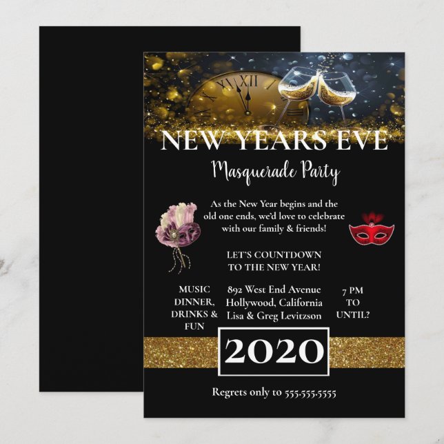 Invitation Belle fête du Nouvel An noir (Devant / Derrière)