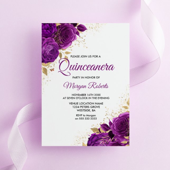 Invitation Belle feuille d'or Rose violette Quinceanera (Créateur téléchargé)