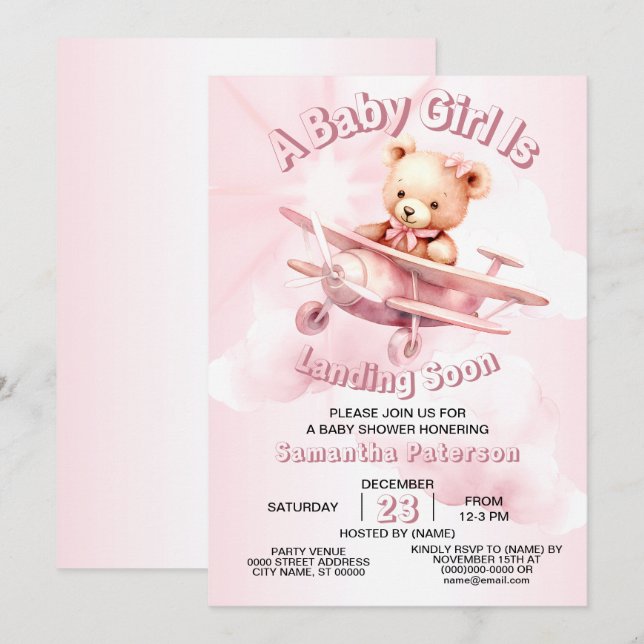 Invitation Belle fille Bébé Ours Pilote Avion Rose Belle (Devant / Derrière)