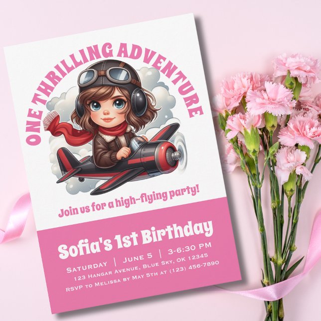 Invitation Belle Fille Pilote Avion, Fille Rose Anniversaire (Créateur téléchargé)