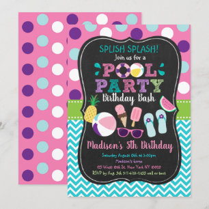 Invitation Belle Fille Piscine Fête Crème de glace Anniversai