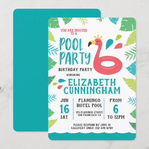 Invitation Belle Flamant rose Piscine Tropicale Anniversaire
