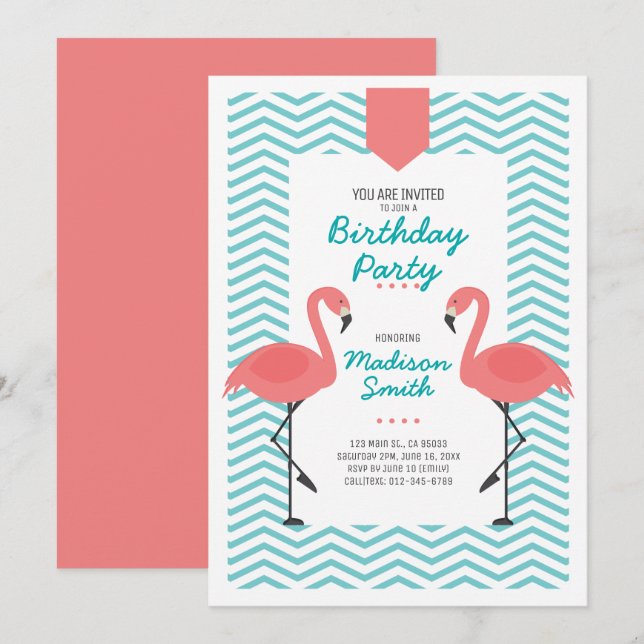 Invitation Belle Flamant rose Tropical Anniversaire Invitatio (Devant / Derrière)