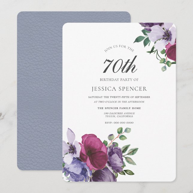 Invitation Belle Fleurs Aquarelle 70e fête d'anniversaire (Devant / Derrière)