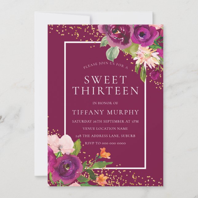 Invitation Belle Fleurs roses Filles 13ème anniversaire (Devant)