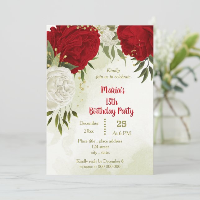 Invitation Belle fleurs rouges vert feuilles anniversaire (Debout devant)