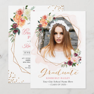 Invitation Belle Floral Gold Frame Photo Graduation Party