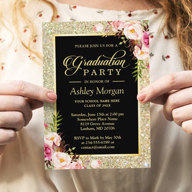 Invitation Belle Floral Gold Sparkles Graduation Party (Créateur téléchargé)
