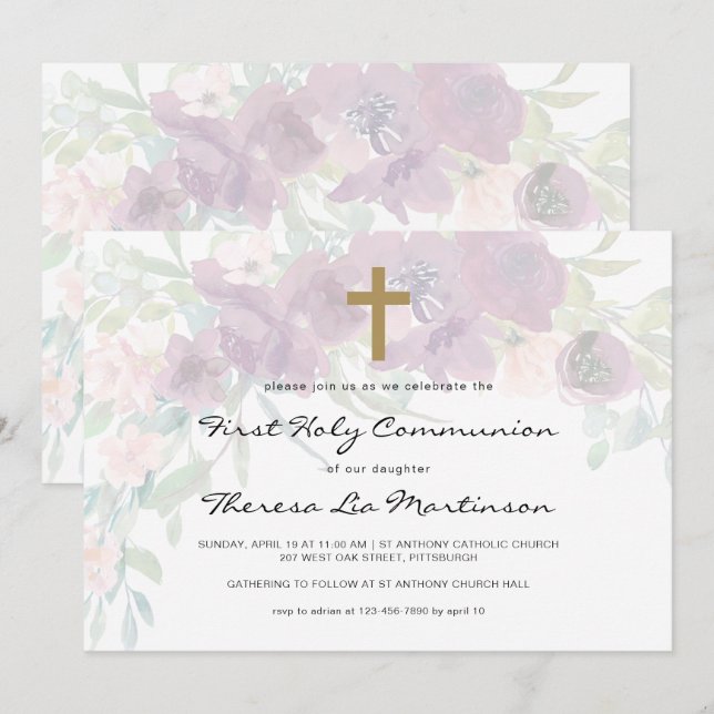 Invitation Belle florale avec Croix Première sainte communion (Devant / Derrière)