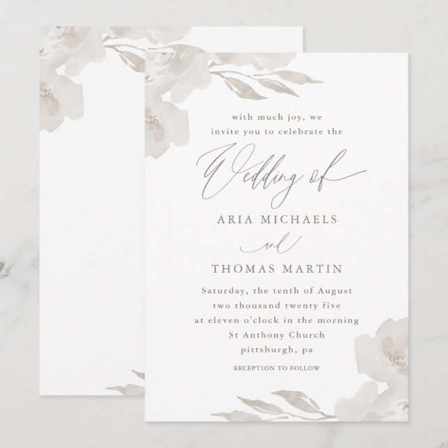 Invitation Belle florale neutre avec Mariage de calligraphie (Devant / Derrière)