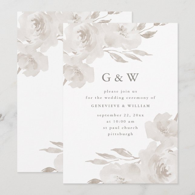 Invitation Belle florale neutre avec Mariage Monograms (Devant / Derrière)