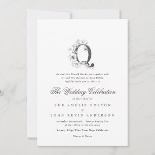 Invitation Belle Florale 'Q' Monogramme Mariage esquissé