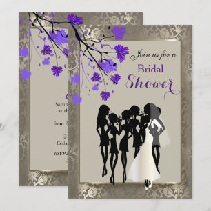 Invitation Belle Florale violette et Damas d'argent antique