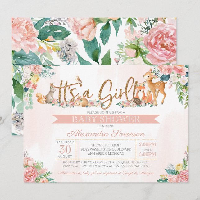 Invitation Belle forêt Bois Animaux Fille Baby shower (Devant / Derrière)