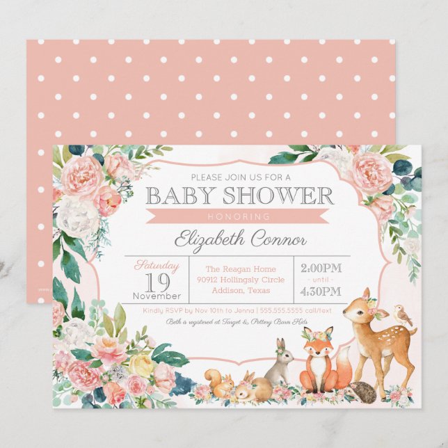 Invitation Belle forêt Bois Animaux Fille Baby shower (Devant / Derrière)