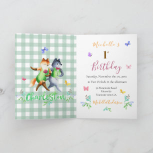 Invitation Belle forêt Renards Vert En vichy 1er anniversaire