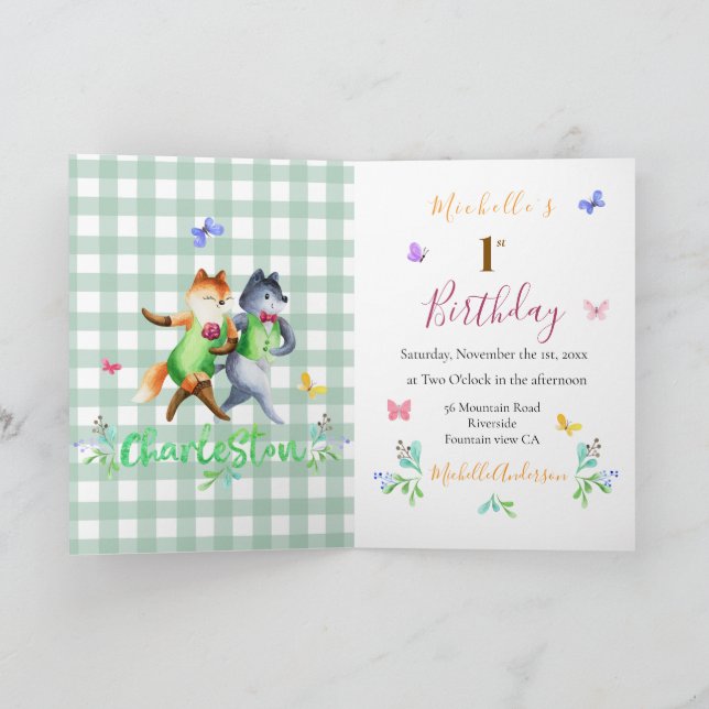Invitation Belle forêt Renards Vert En vichy 1er anniversaire (Intérieur)