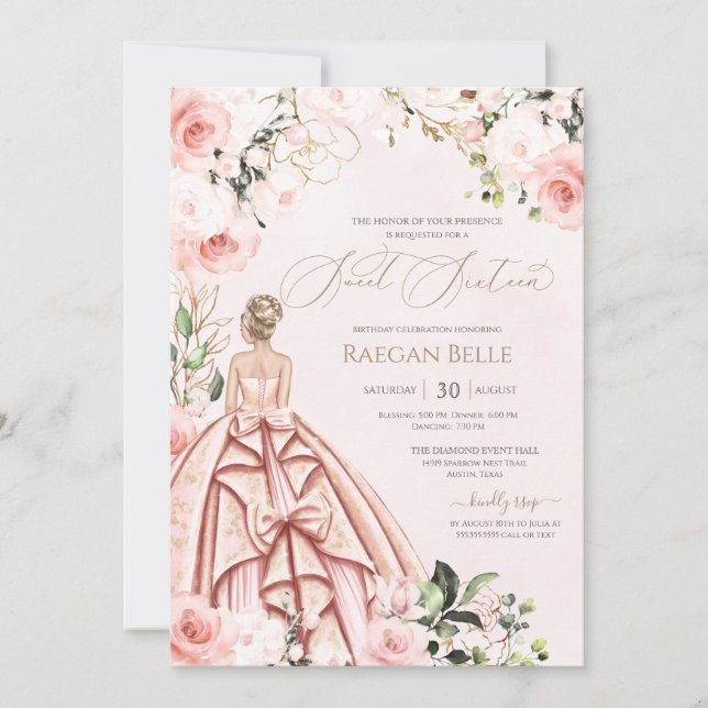 Invitation Belle Gown Jolie en rose Blush Rose Sweet 16 (Devant)