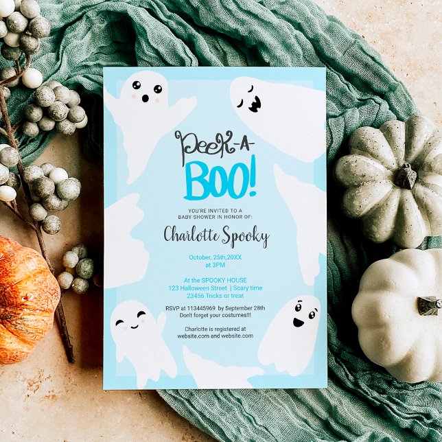 Invitation Belle Halloween fantômes baby shower bleu (Cute Halloween boo ghosts blue baby shower Invitation)