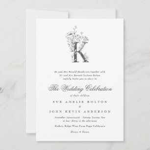 Invitation Belle initiale 'K' en fleurs esquissée pour un mar