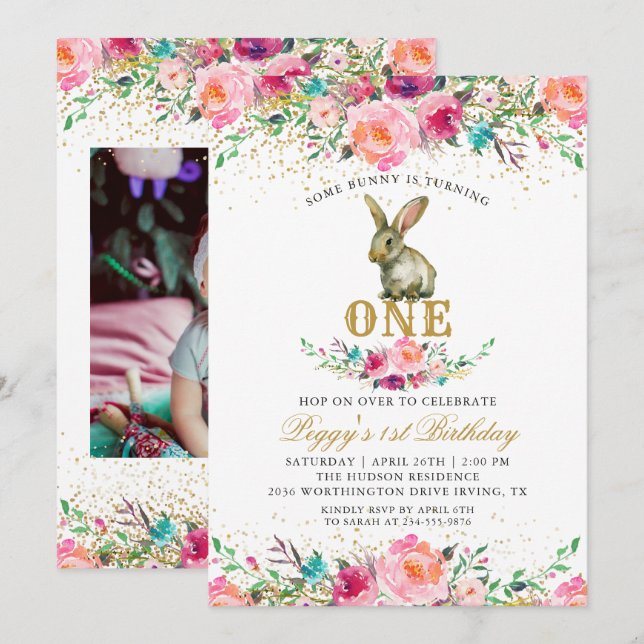 Invitation Belle Lapin Floral Rose 1er Anniversaire Photo (Devant / Derrière)
