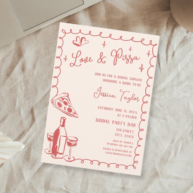 Invitation Belle main rouge dessinée nuptiale Brunch Love & P ("love and pizza" text and quirky hand drawn pizza and vino, red on blush pink)