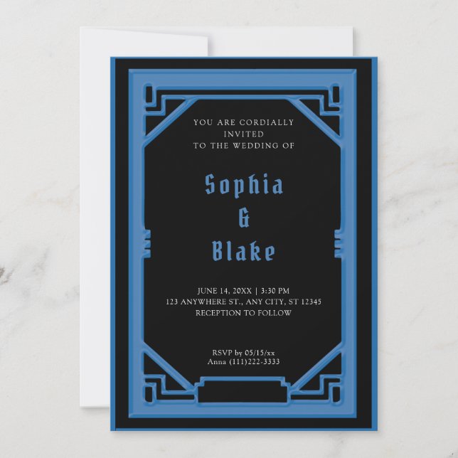 Invitation Belle Mariage de style Art déco noir et bleu (Devant)