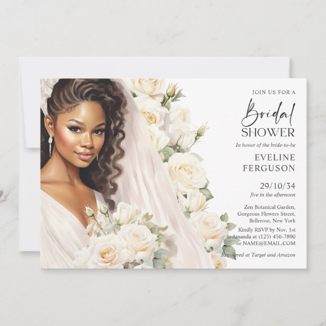 Invitation Belle mariée afro-américaine blanche roses boho (Devant)
