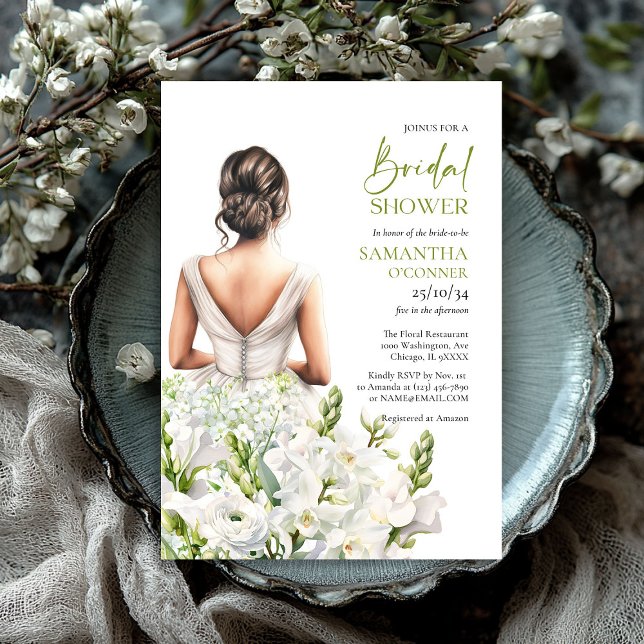 Invitation Belle mariée avec bouquet somptueux fleurs blanche (Beautiful bride with lavish bouquet white flowers invitation)