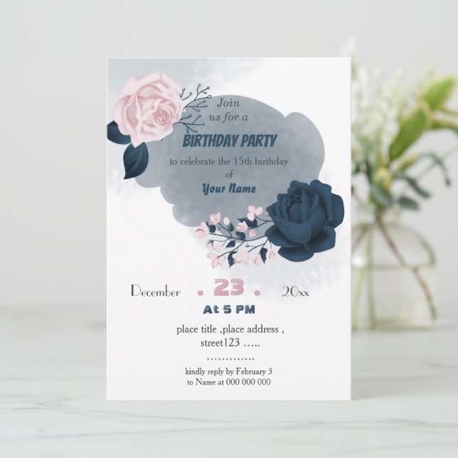 Invitation belle marine & fleurs blanches anniversaire (Debout devant)