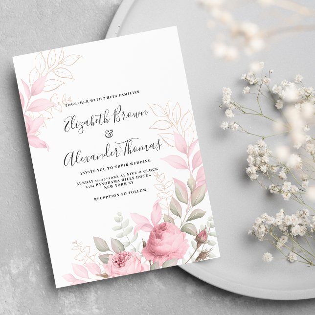 Invitation Belle menthe rose rose feuille mariage (Beautiful pink mint roses leaves floral wedding invitation )