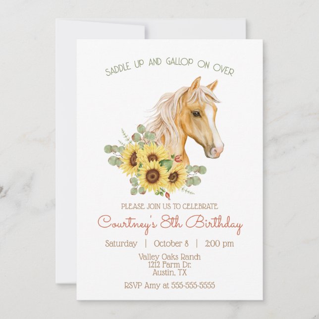 Invitation Belle, moderne Horse & Sunflower Anniversaire (Devant)