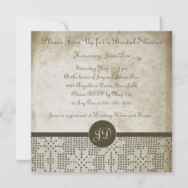 Invitation Belle Monogramme Antique Papier Crochet Dentelle (Devant)