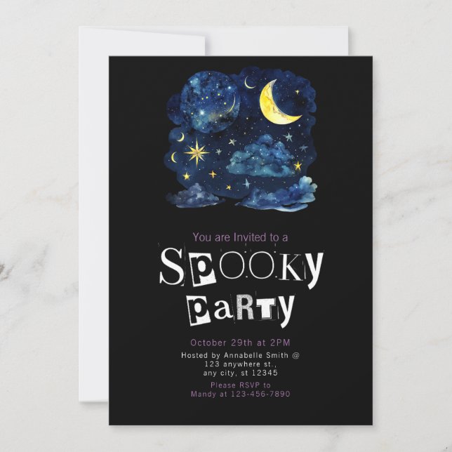 Invitation Belle nuit Sky Crescent Lune Stars Halloween (Devant)