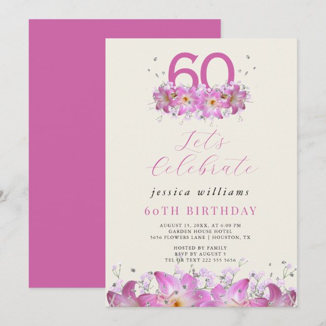 Invitation Belle Parties scintillant Florale Anniversaire (Devant / Derrière)